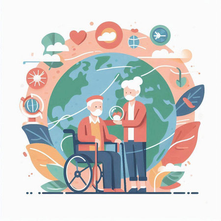 Vector illustration of elderly people in wheelchair and world map. Flat design.のイラスト素材