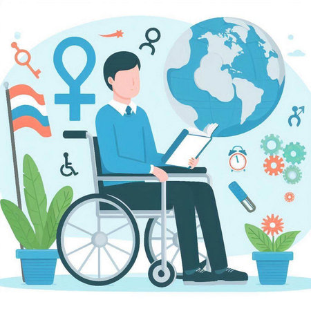 Vector illustration of a man in a wheelchair with a laptop and a world mapのイラスト素材