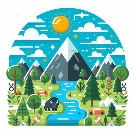 Landscape with mountains, forest and river. Flat style vector illustration.のイラスト素材