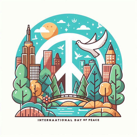 Vector illustration of a peace symbol in the city. World peace day.のイラスト素材