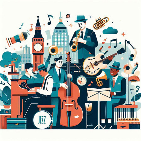 Vector illustration of jazz band performing in the city. Flat style design.のイラスト素材