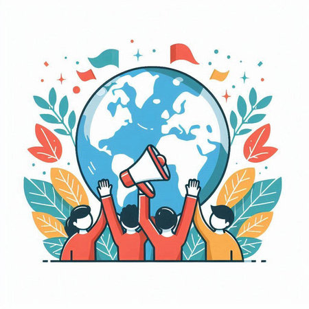 People holding megaphone, global communication concept. Vector illustration.のイラスト素材