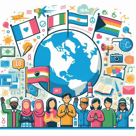 illustration of international education concept in flat line design style with iconsのイラスト素材