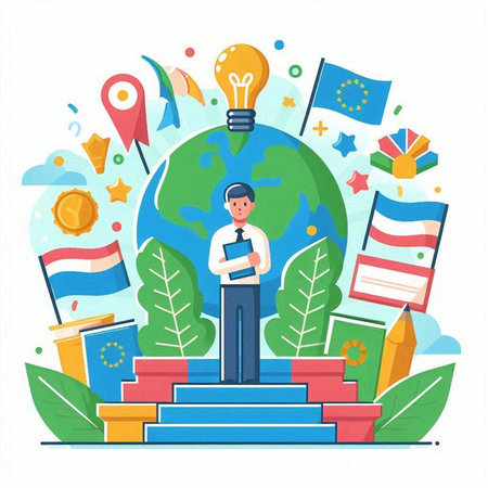 Vector illustration of education and learning concept in flat style. Cartoon schoolboy standing on the stairs with books, books, globe, flags, rocket, globe.のイラスト素材