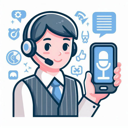 Illustration of a call center operator holding a smartphone and a microphoneのイラスト素材