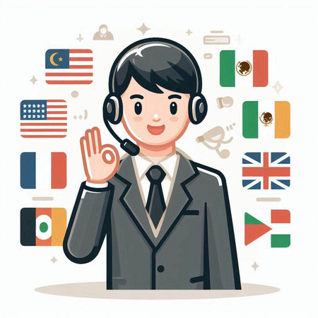 Call center operator with headset and flags of the world. Vector illustration.のイラスト素材