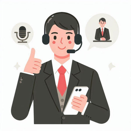 Illustration of a man wearing a suit with a microphone and a phoneのイラスト素材
