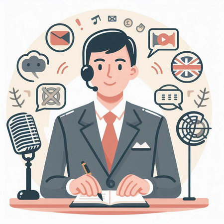 Vector illustration of a man in a suit and a microphone. Flat style.のイラスト素材