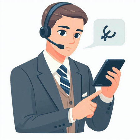 Call center operator with headset and smartphone. Vector illustration in cartoon style.のイラスト素材
