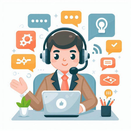 Call center operator with headset and laptop. Flat style vector illustration.のイラスト素材