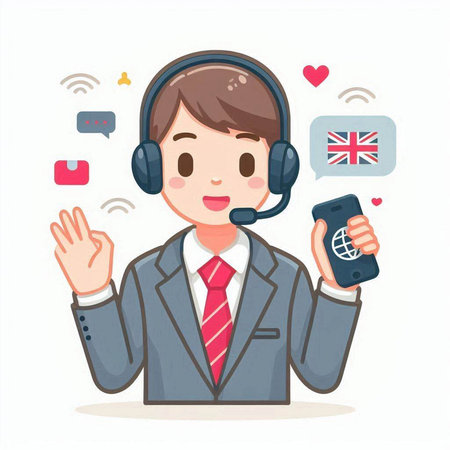 Businessman wearing a headset and holding a phone. Vector illustration.のイラスト素材