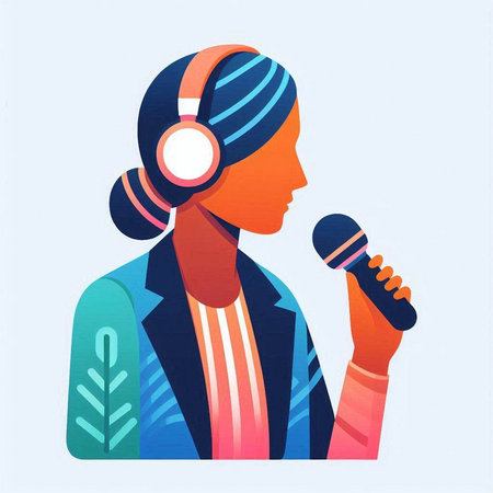 Caucasian female podcaster in headphones with microphone. Vector illustration.のイラスト素材