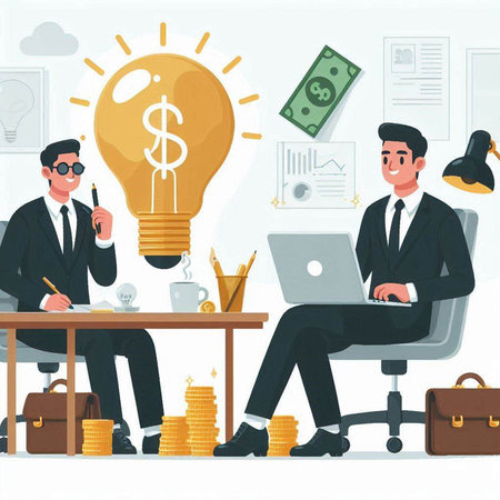 Businessman and businesswoman sitting at office desk with laptop, lamp and money. Vector illustration.のイラスト素材