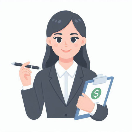 Businesswoman holding clipboard with dollar sign and pen. Vector illustration.のイラスト素材