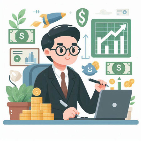 Businessman working on laptop. Successful business concept. Vector illustrationのイラスト素材