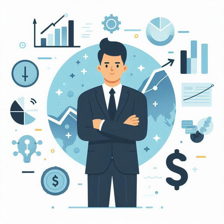 Vector illustration of a businessman standing with his arms crossed in a flat style.のイラスト素材