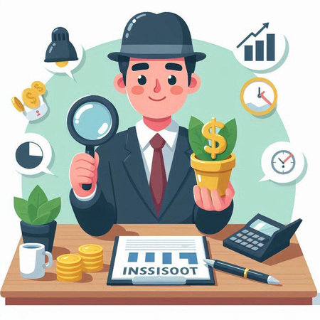 Businessman with magnifying glass and money. Vector illustration in flat styleのイラスト素材