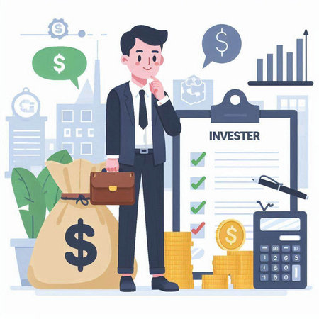 Businessman with briefcase and money. Vector illustration in flat styleのイラスト素材