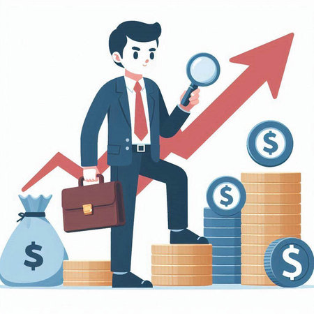 Businessman with magnifying glass looking at growth graph. Vector illustration.のイラスト素材