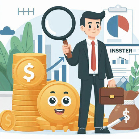 Businessman with magnifying glass and coins. Vector illustration in cartoon styleのイラスト素材
