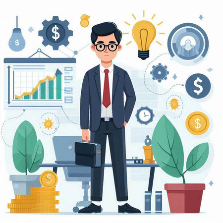 Businessman with a briefcase standing in the office. Vector illustrationのイラスト素材