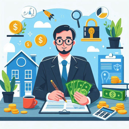 Businessman working in the office. Vector illustration in flat style.のイラスト素材