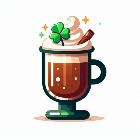 Cup of coffee with whipped cream and clover leaf. Vector illustration.のイラスト素材