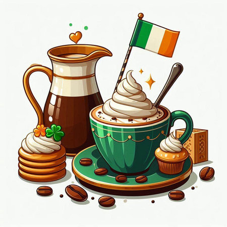 Cup of coffee with a flag of Ireland and sweets. Vector illustrationのイラスト素材