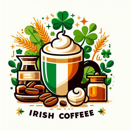 Irish coffee cup with flag of Ireland. Irish holiday vector illustration.のイラスト素材