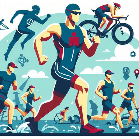 Marathon race, flat vector illustration. Runners, cyclists.のイラスト素材
