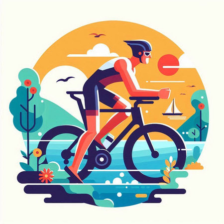 Cyclist riding bicycle in the park. Flat design vector illustration.のイラスト素材