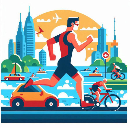 Sporty young man running in the city. Vector illustration in flat styleのイラスト素材