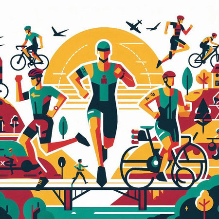 Vector illustration of a group of cyclists running in the park on a sunny dayのイラスト素材