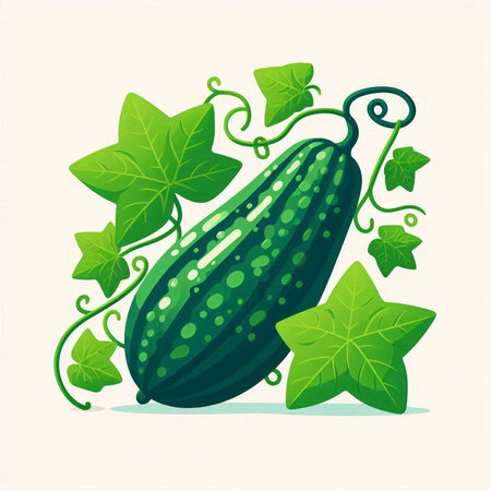 Cucumber with green leaves and tendrils. Vector illustration.のイラスト素材