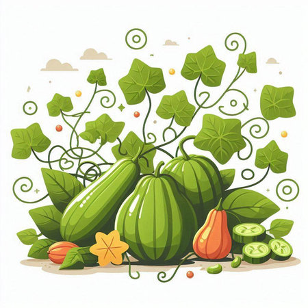 Cartoon vector illustration of cucumbers and gourds in the gardenのイラスト素材