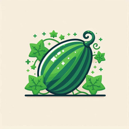 Watermelon with leaves and stars. Vector illustration in flat style.のイラスト素材
