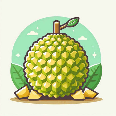 Vector illustration of fresh ripe durian fruit in cartoon style on green background.のイラスト素材