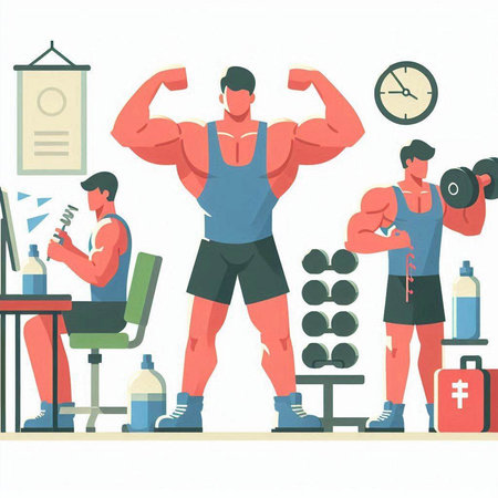 Bodybuilder training in the gym. Vector illustration in cartoon style.のイラスト素材