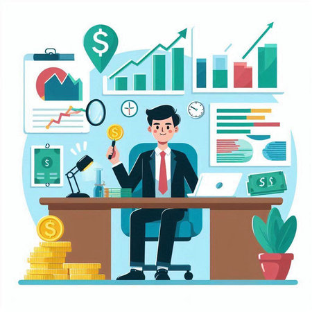 Businessman sitting at the table and working with money. Vector illustrationのイラスト素材