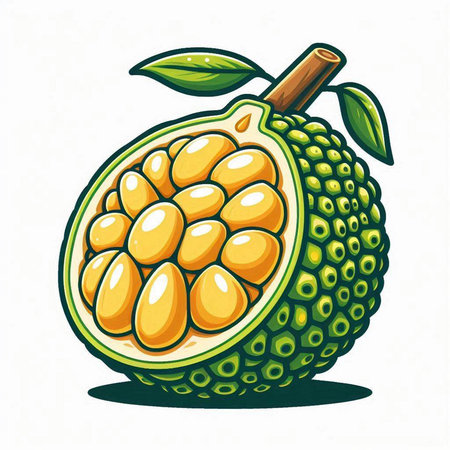Whole and half of Jackfruit with green leaves. Vector illustration.のイラスト素材