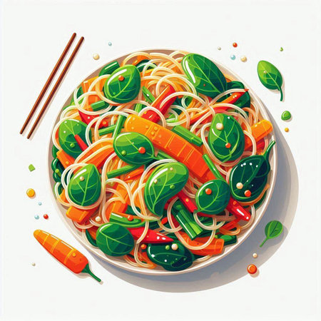 Noodles with vegetables in bowl. Vector illustration of Asian cuisine.のイラスト素材