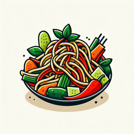 Spaghetti with vegetables and sauce in a bowl. Vector illustration.のイラスト素材
