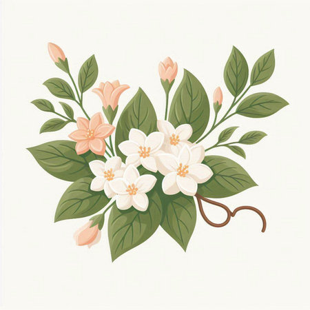 Jasmine flowers and leaves on white background. Vector illustration.のイラスト素材