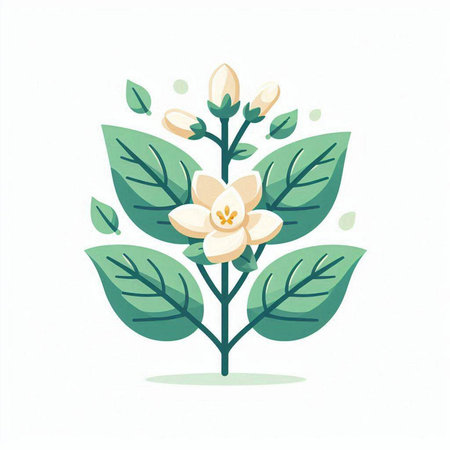 Jasmine flower and leaves isolated on white background. Vector illustration.のイラスト素材