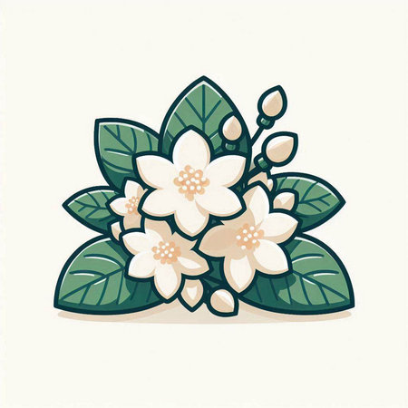 Bouquet of jasmine flowers with green leaves. Vector illustration.のイラスト素材