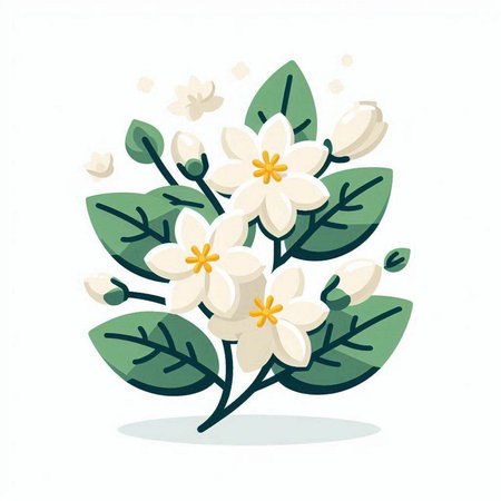 White jasmine flowers with green leaves on white background. Vector illustration.のイラスト素材