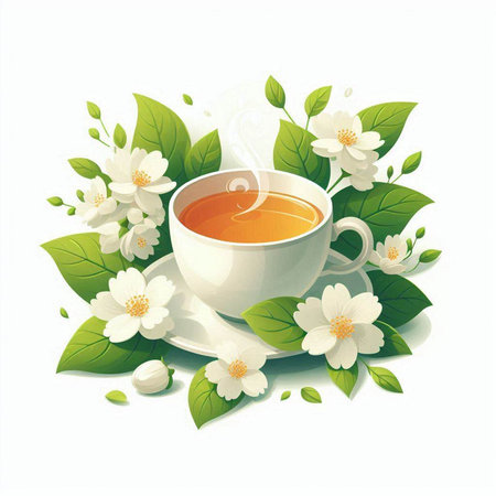 Cup of tea with jasmine flowers. Vector illustration.のイラスト素材