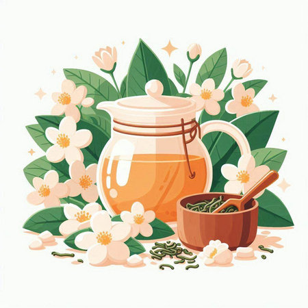 Jasmine tea in a glass teapot, jasmine flowers and green leaves. Vector illustration.のイラスト素材