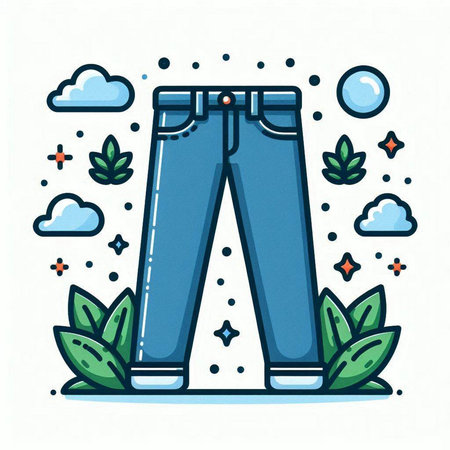 Jeans with leaves and clouds. Vector illustration in linear style.のイラスト素材
