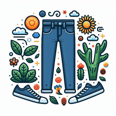 Vector line art illustration of jeans, sneakers, cactus and sun.のイラスト素材